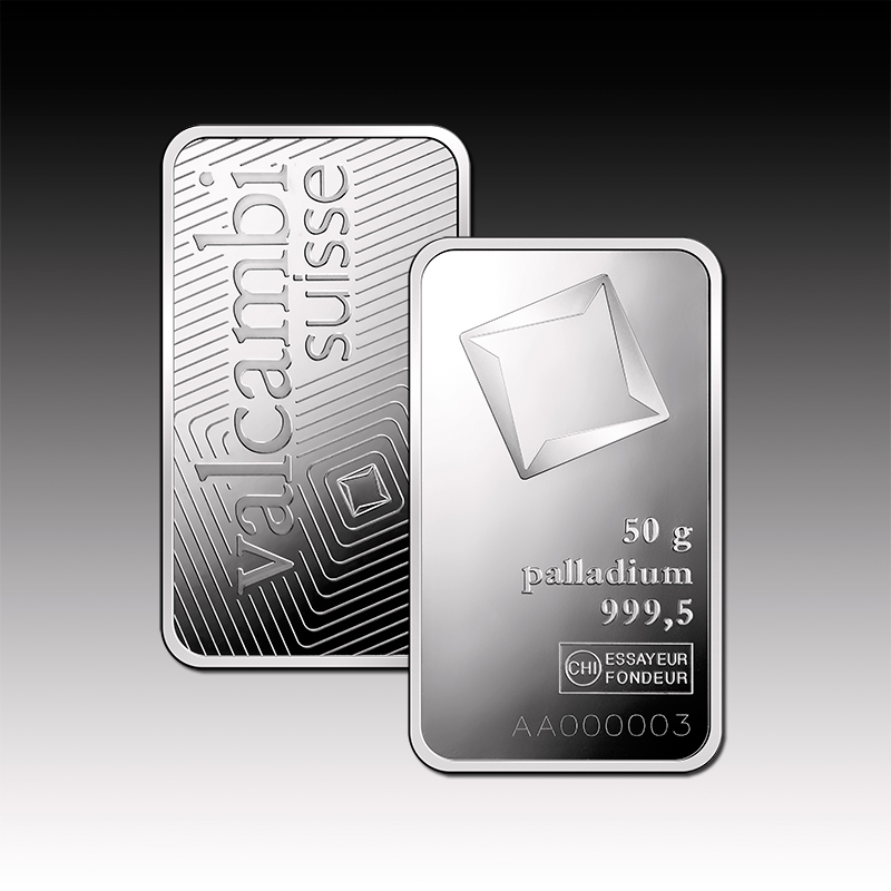 50g Valcambi Palladium Minted bar 999.5 Palladium