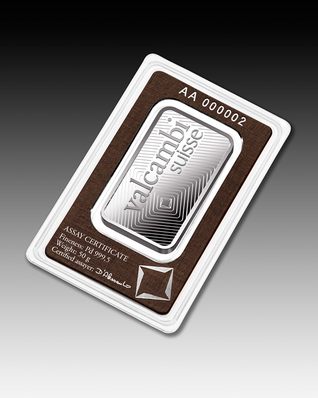 50g Valcambi Palladium Minted bar 999.5 Palladium