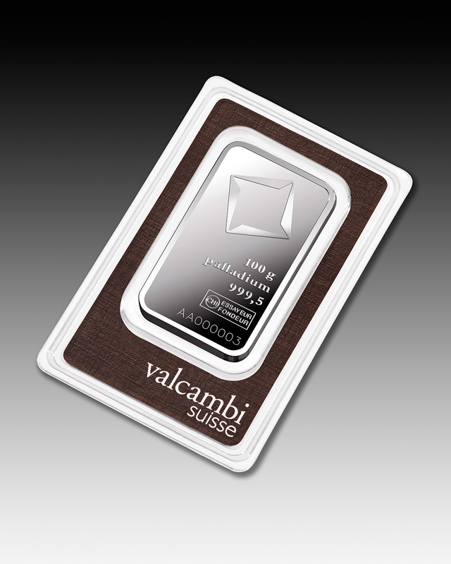 100g Valcambi Palladium Minted bar 999.5 Palladium